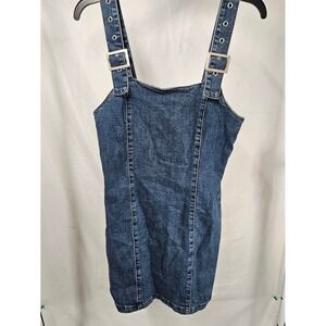 L&M‎ Black Label Denim Pinafore Mini Dress Medium Wash Blue Buckle Straps Small